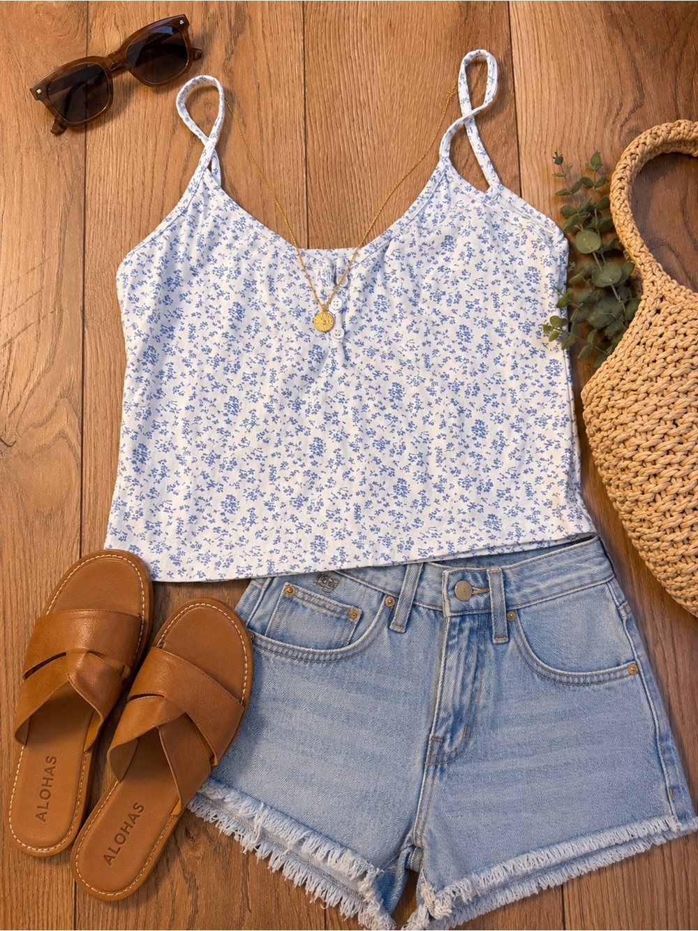 Brandy Melville White and Blue Floral Spaghetti Strap Crop Top
